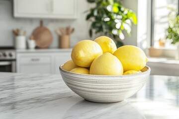 Fresh Lemons Displayed in Ceramic Bowl Kitchen Setting Food Photography Bright Environment Close-Up View Culinary Inspiration