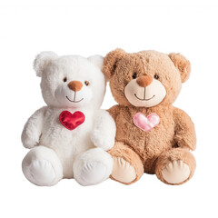 Two adorable teddy bears with heart patches perfect for gifts and decoration., isolated on a transparent background.