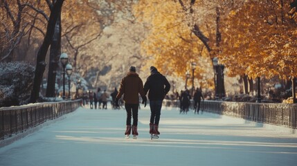 Fototapeta premium at the fall, ice skaters enjoying themselves at New York Central Park
