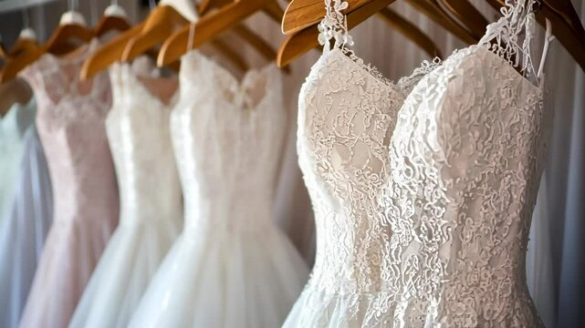 Elegant wedding dresses displayed on wooden hangers in a softly lit bridal boutique, showcasing intricate lace details and fabric textures