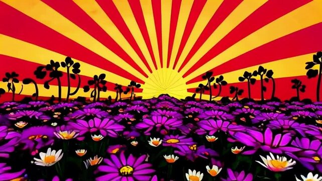A pop art retro flowers and sunburst animated illustration in the style of vintage 1960s or 1970s psychedelic artwork. The view slowly zooms in across the bed of flowers towards the wavy sun rays