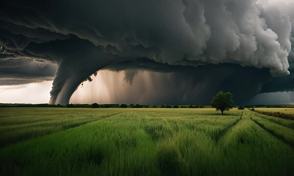 A powerful tornado descends from a dark storm cloud over a green field, with a single tree standing in the distance.