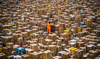 A worker navigates through a vast sea of stacked boxes in a warehouse.