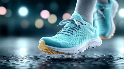 Shoelaces with reflective metallic patterns laced on neon running shoes in a dark setting, illuminated by a single bright streetlight, Photorealistic