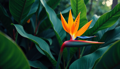Bird of Paradise Flower in Tropical Garden