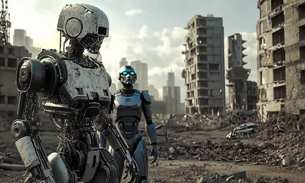 A robotic figure stands amidst the ruins of a destroyed city, a bleak testament to the aftermath of a disaster.
