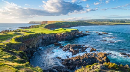 A challenging golf course on a rugged coastline, Golfing equipment set for a challenging game, Coastal golfing style