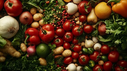 A colorful background with spices and vegetables, seen from above.  There's plenty of room to add your own text.