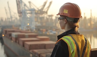 A worker observes cargo operations at a port, emphasizing industry and logistics.