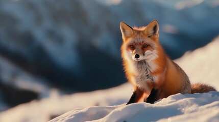 Naklejka premium A red fox sits in the snow, looking alert and curious, against a backdrop of mountains