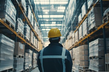 An engineer worker dressed in a protective uniform and helmet uses a tablet computer.