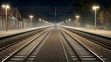 Obraz premium Night view of a railway station lit by dim lamps, with long shadows and atmospheric light reflecting off the tracks, Photorealistic
