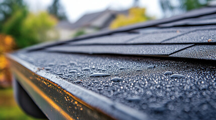 Close shot of a rain gutter with water droplets glistening on its edge.