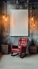 An industrial-themed room featuring a large, blank white frame on a distressed concrete wall, surrounded by warm pendant lights, a red leather rocking chair, and two rustic wicker planters on a light 