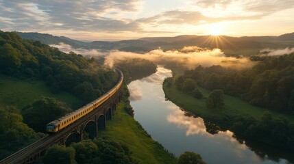 A train passing over a rural countryside bridge, with reflections in a river below and sun rays breaking through clouds, Photorealistic