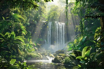 Lush Tropical Rainforest with Waterfall and Sunbeams