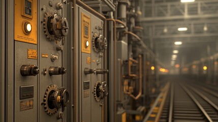 Close-up of the gear and lever system controlling a railway switch, with grease stains and light from overhead lamps, Photorealistic