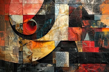 Fototapeta premium multi-layered abstract collage made with mixed media, including paper, fabric, and paint, creating a rich and textured visual experience