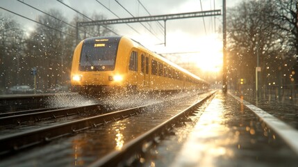 Fototapeta premium High-speed train cutting through rain-soaked tracks, creating a spray of water and light reflections on wet surfaces, Photorealistic