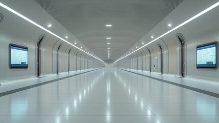 Fototapeta premium High-speed train station of the future, featuring digital displays, holographic maps, and a smooth minimalist design illuminated by ambient lighting, Photorealistic