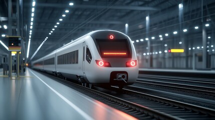 Naklejka premium High-speed train showcasing an advanced collision-avoidance system with built-in sensors glowing red during testing, Photorealistic