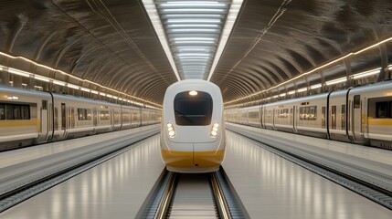 Futuristic railway terminal hub with high-speed trains and hybrid maglev pods transitioning seamlessly between tracks, Photorealistic
