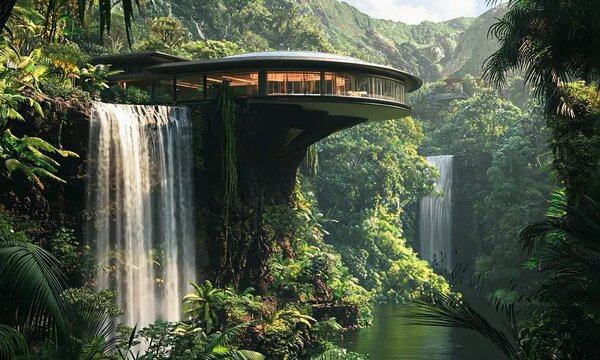 Luxurious futuristic villa on the edge of a volcanic crater, with an infinity pool and advanced climate control, featuring a panoramic view of a lush tropical rainforest with cascading waterfalls