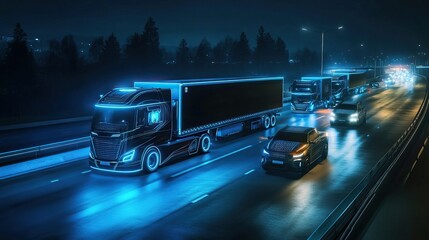 Autonomous Trucks on Highway at Night