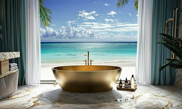 Hollywood Glam bathroom with luxurious finishes, opulent details, and a view of a scenic mountain range