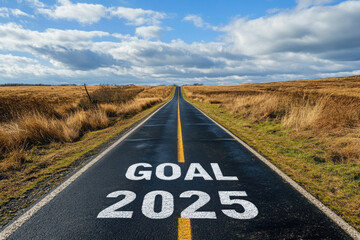 Goal Resolution concept. long road leading to bright future with goal set for 2025