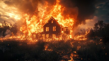 Intense house blaze lighting up the night sky dramatically picture
