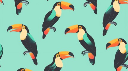 A seamless pattern of toucans on a turquoise background.