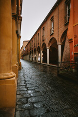 Fototapeta premium Wet stone pavement reflecting arcades of historical buildings in bologna, italy, creating a picturesque scene after the rain