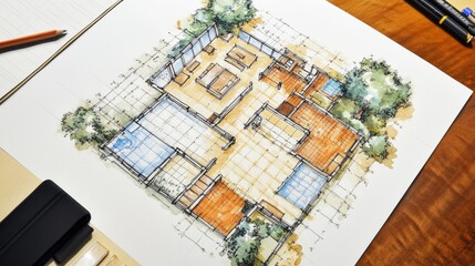 A drawing of a house's layout on a paper sheet, showing the different rooms.