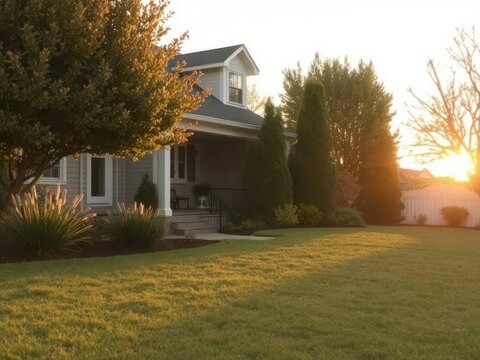 A serene empty front yard bathed in the warm light of the sunset, with plenty of copy space available, peaceful, relaxation