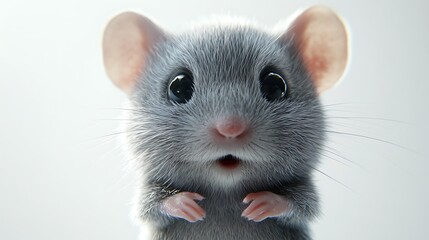 A close-up portrait of a cute, gray mouse with big, black eyes and a surprised expression.