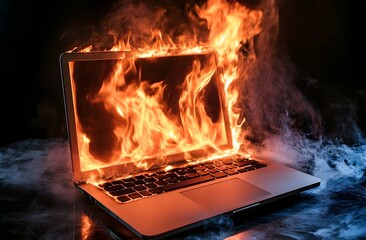 A laptop engulfed in flames, its computer components burning with red and orange hues against a dark background.