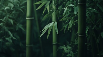 A close-up shot of a bamboo forest, with sunlight filtering through the leaves.