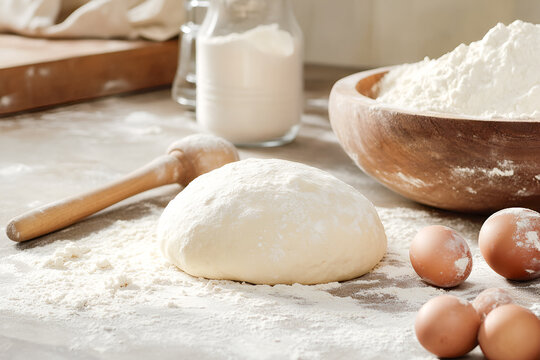 Dough for dumplings on a wooden cutting board, ready-made dumplings, a bowl of flour and a rolling pin for rolling out dough on a wooden table.
