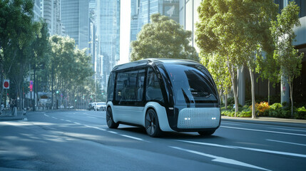 Fototapeta premium Autonomous vehicle navigating a modern city street during the day surrounded by skyscrapers and greenery