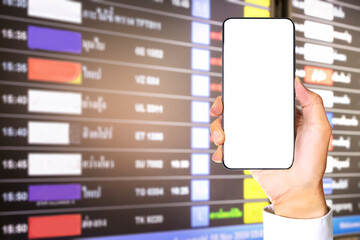 White screen mobile phone model for inserting images or text on the background at the airport travel schedule, used for text input in graphics work