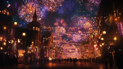 Fototapeta premium vibrant new year celebration background featuring glittering fireworks, sparkling golden text, and festive decorations for a joyful holiday atmosphere