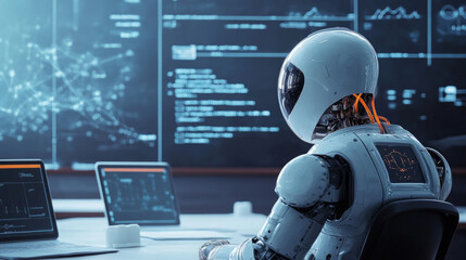 A futuristic classroom setting featuring a robot engaged in digital teaching activities with multiple screens