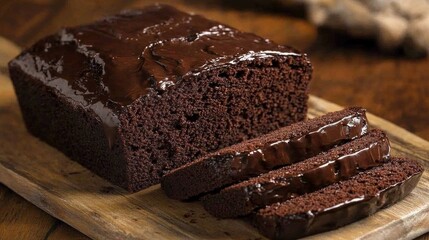 A freshly baked chocolate loaf cake, made from scratch. It's a delicious treat, perfect for dessert. You can see slices on a cutting board, ready to enjoy.