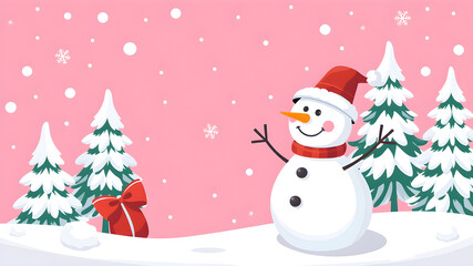 Christmas snowman on pink background. cute snowman in christmas snowy nature. vector cartoon illustration. Generative AI