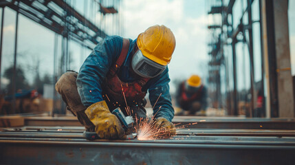 Workers weld metal frames on a construction site under a clear sky during daylight, showcasing skills and teamwork in action