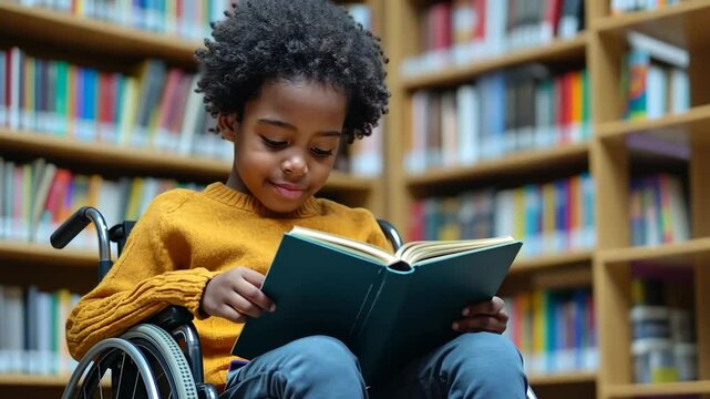 Young child in a wheelchair reading a book in a library surrounded by colorful shelves of books in the afternoon light
