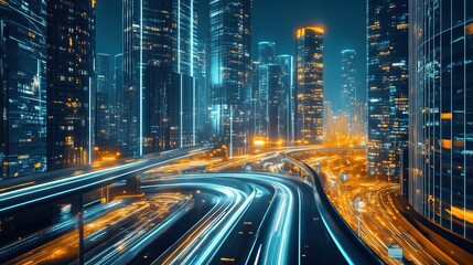 Fototapeta premium Night Cityscape with Illuminated Roads and Skyscrapers