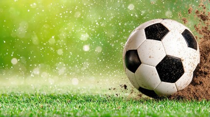 Fototapeta premium Dynamic soccer ball on grass with sparkling background