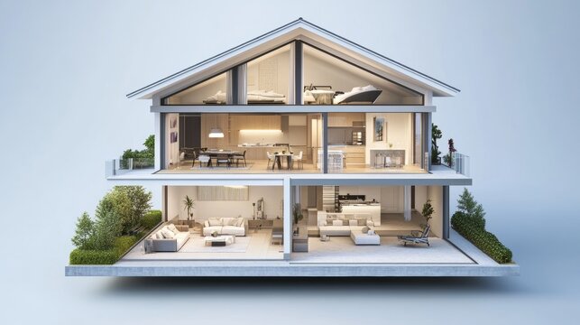 A house design, cut open to show the inside.  This is a 3D image.